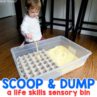 CORNMEAL SCOOPING STATION: An easy toddler activity; a quick taby activity; introducing sensory bins; life skills activity; easy indoor activity from Busy Toddler