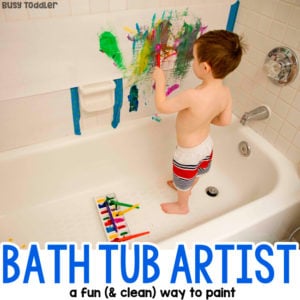 BATH TUB ART: A quick and easy PRE bath activity; toddler art; mess free toddler art; art in the bath tub; painting with toddlers from Busy Toddler