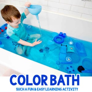 COLOR BATH: A simple bath time activity for toddlers. Toddlers and preschoolers will love this easy bath time activity. A quick and easy rainy day activity. A fun way to play in the bath tub.