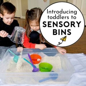 Introducing toddlers to sensory bins: two children play with a sensory bin of rice. One is pouring rice into the bin.
